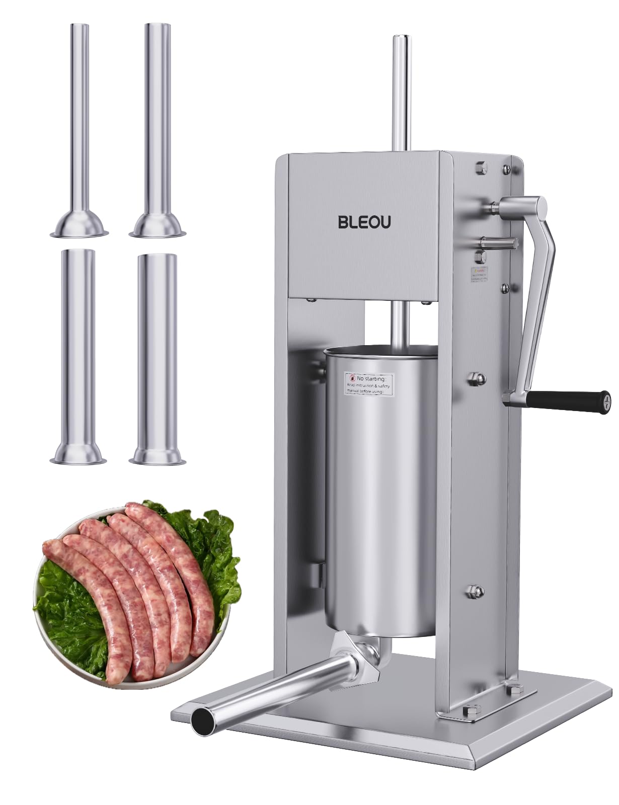 BLEOU Manual Sausage Stuffer 5L/11 LBS, Vertical Stainless Steel Sausage Maker with 4 Stuffing Tubes, Heavy Duty Meat Filling Machine for Home or Commercial Use