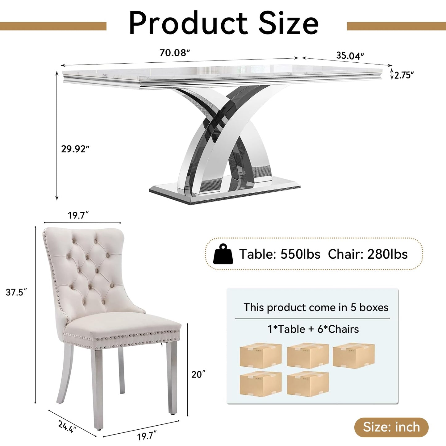 68" White Marble Dining Table Set for 6, Modern 7-Piece Faux Marble Kitchen Dining Room Table Set w/Steel X-Base & 6 Beige Velvet Dining Chairs, Luxury Silver Kitchen Table and Chairs Set of 6