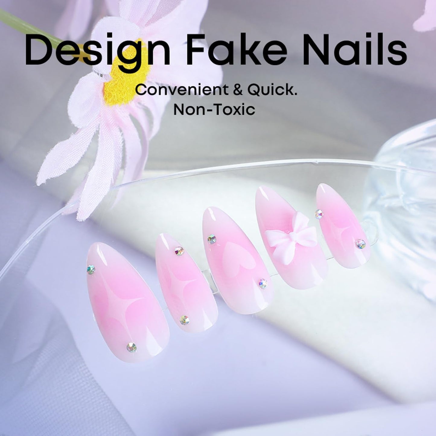Pink Gradient Press on Nails Fake Nails Almond-shaped blush Bow Star with Rhinestones Design Glossy Stick on Nails Acrylic Artificial Nails Oval False Nails for Women Girls DIY Manicure Decoration