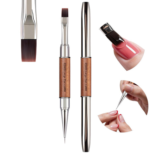 GSWOI Dual Head Acrylic Nail Brush-Large Flat & 6mm Liner for Builder Gel,Polygel & Design-Wood Handle & Metal Caps