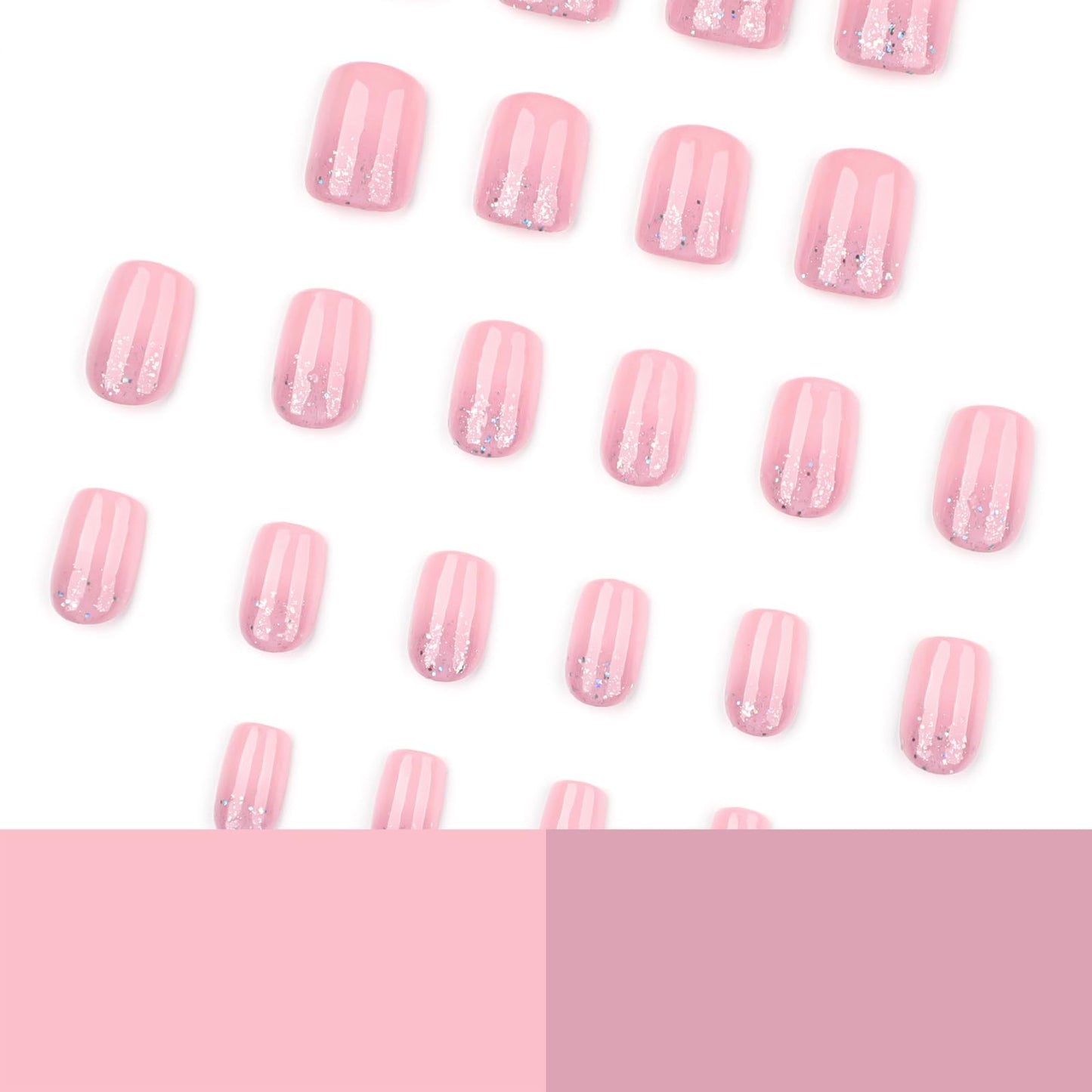 Mivota Square Press On Nails Short – Nude Pink Glitter Acrylic Fake Nails, 24PCS Glossy Thick False Nails Kit, Durable Reusable Stick On Nails with Glue & Tools for Women, DIY Salon Manicure