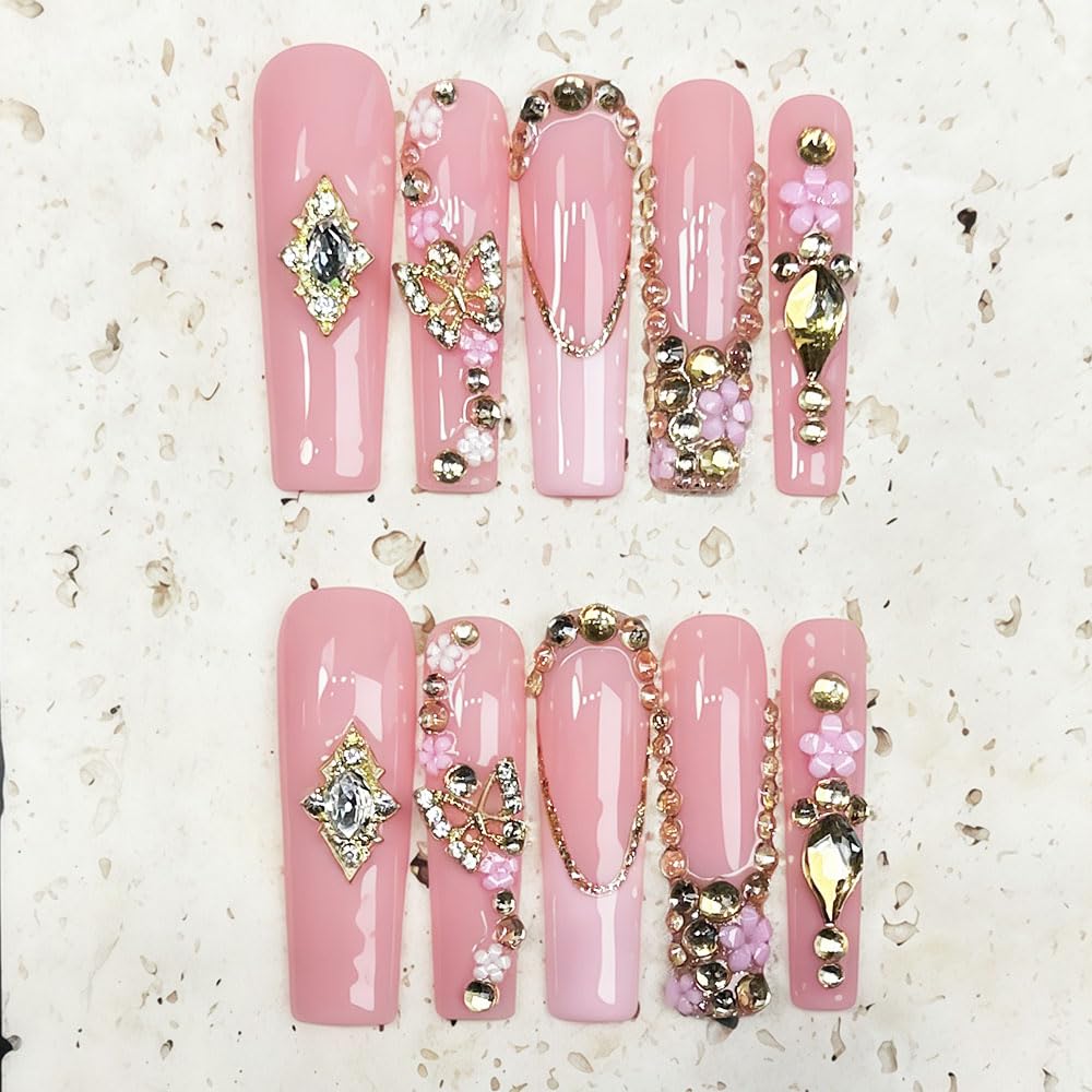 Luxury Handmade Press on Nails Long Square Fake Nails Summer Pink Press Ons with Rhinestones Flowers Design Reusable False Nails Full Cover Stick on Nail for Women Manicure 10Pcs (Size M)