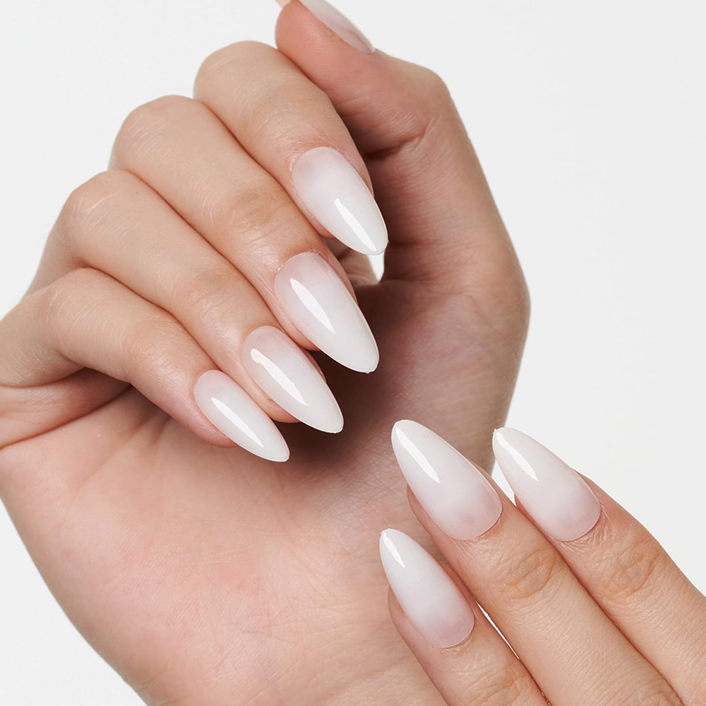 GLAMERMAID Press on Nails Medium Almond, White Ombre Gel False Nails, Glossy Short Stiletto Nude Glue on Nails Kit for Women, Reusable Short Oval Stick on Acrylic UV Finish Fake Nails Manicure Set