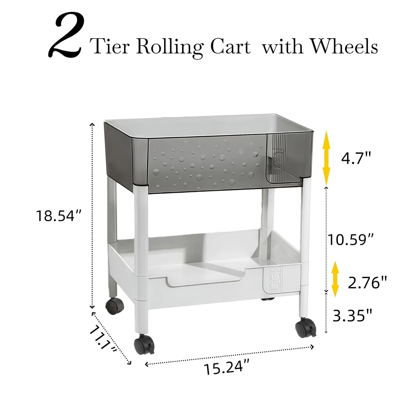 2 Tier Rolling Cart with Wheels for Under Desk Storage, Heavy Duty Plastic Short Small Utility Cart for Small Space Bathroom Vanity Makeup Organizer Pantry, 4.7'' Deep Baskets for Tall Bottles