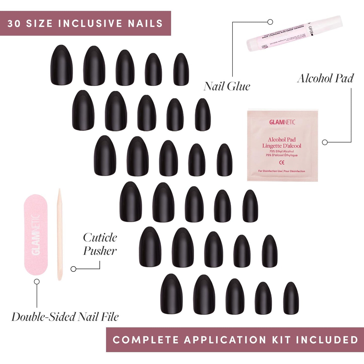 Glamnetic Press On Nails - Boba | Opaque Black Short Almond Fake Nails, Salon Quality | 12 Sizes - 24 Nail Kit