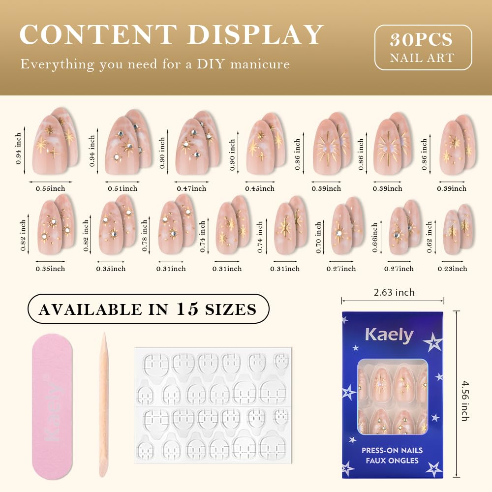 evpct 3D Nude Bohemian Design Press on Nails Medium Almond No Glue, Nude Gold Star Glossy Stick on Nails for Women with Kit, Reusable Soft Stick on Fake Nail with 3D Gold Stars Designs Perfectly Fit