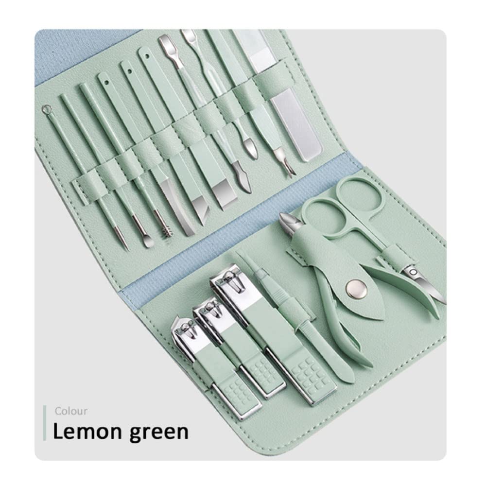 16pcs Manicure Set With PU Leather Case Nail Clippers Kit Pedicure Care Tools Nail Care Scissors Clippers Trimmer Nail Art Tools,New Green