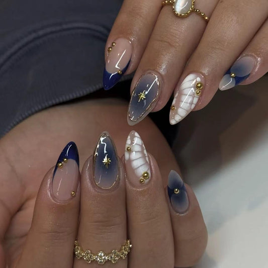 3D Press on Nails Medium Almond Bohemian Design, Navy-Nude Ombre Fake Nails Gold Studs Glossy for Women Kit, Reusable Soft Gel Stick on False Nails with Gold Stars French Designs Perfectly Fit
