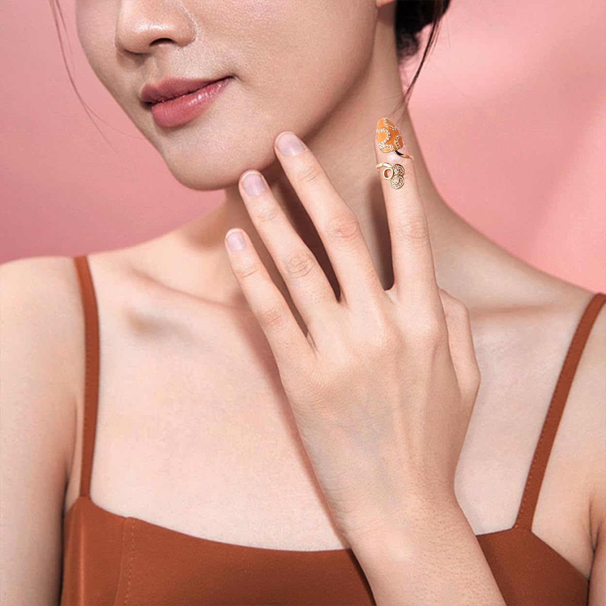 Jean Beau Orange Finger Nail Ring for Women Teen Art Round Rhinestones CZ Finger Cap Cover Tip Rings Gold Metal Nail Decoration Nail Protect Fashion Jewelry Gift
