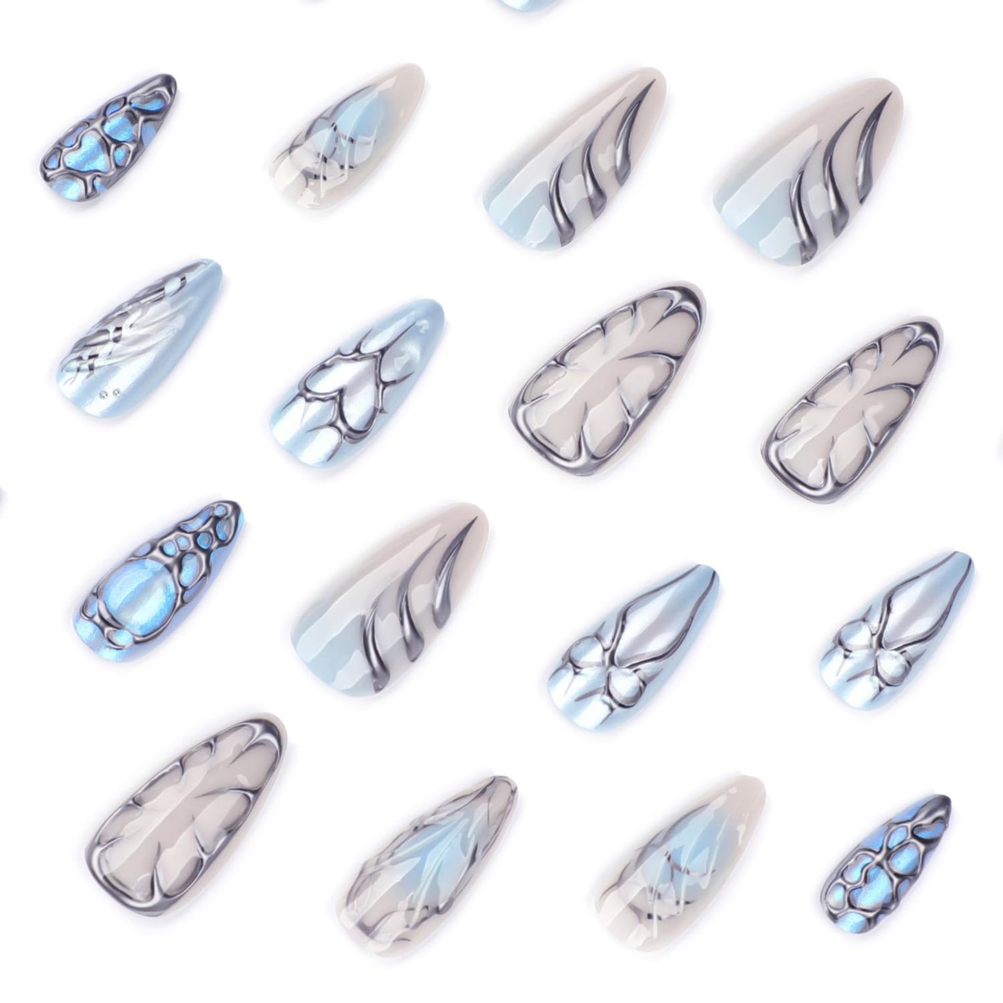 24Pcs Chrome Silver Press on Nails Short Almond Fake Nails Y2K Heart Bow Design False Nails Irregular Silver Line Acrylic Nail Blue Smudge Glossy Full Cover Metallic Artificial Stick on Nail for Women