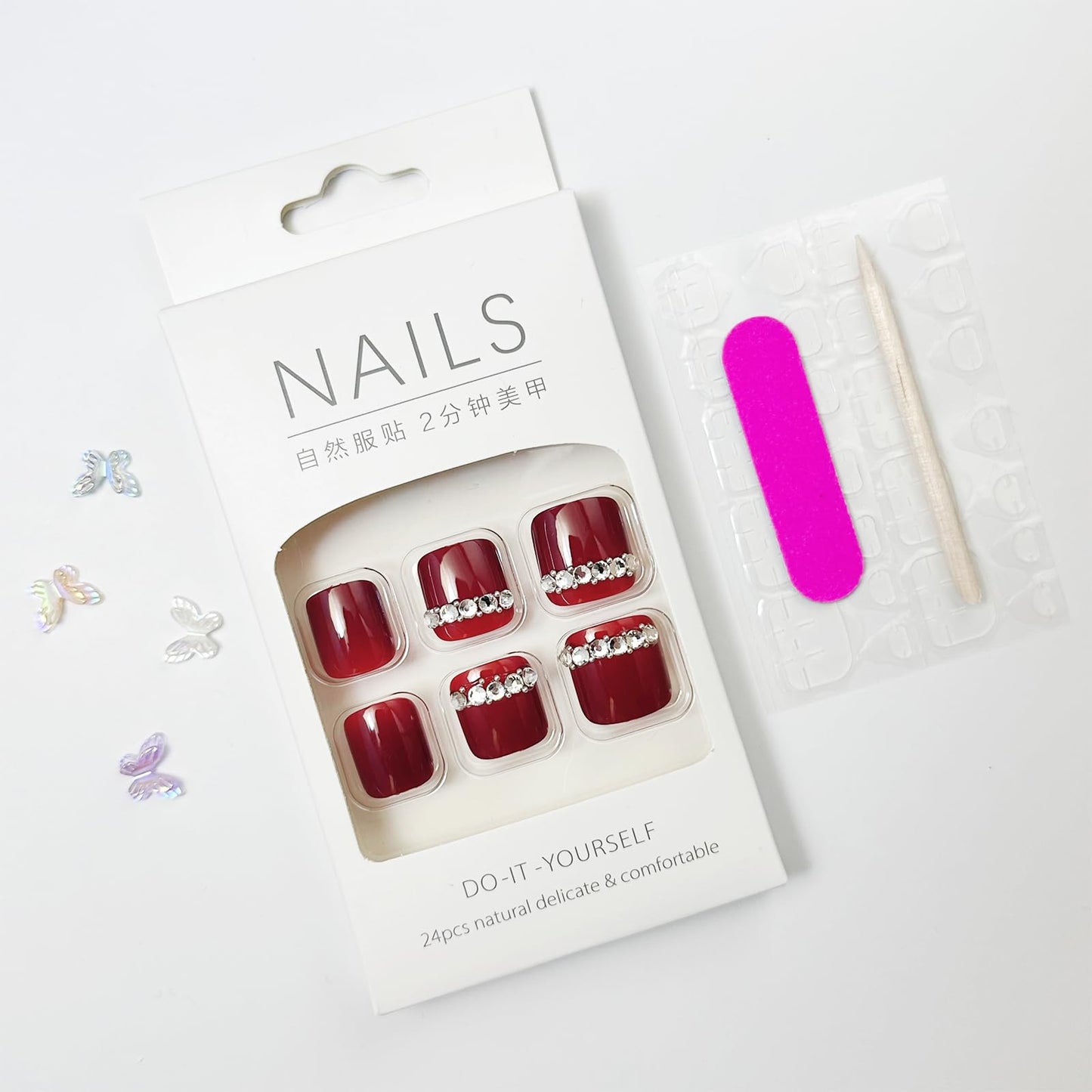 Press on Toenails Red Fake Toe Nails Rhinestones False Toenails Glossy Full Cover Acrylic Glue on Toenails with Designs Cute Toe Press on Nails Artificial Stick on Toenails for Women Manicure 24Pcs
