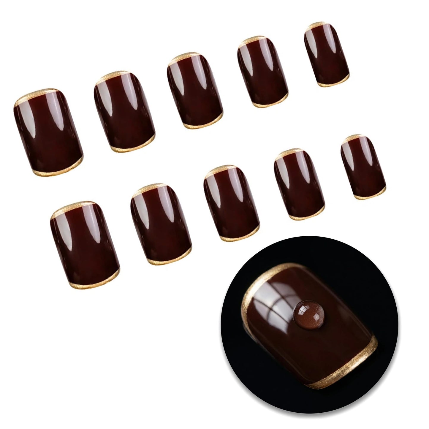 Taoyisent Glossy Chocolate Brown French Tip Press On Nails – Short Square Soft Gel Nails with Gold Edge, Reusable Full Cover Nail Tips, 24PCS