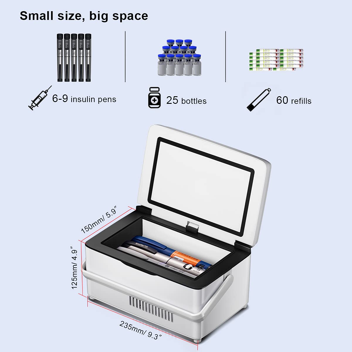QIRDLP （Upgraded version） Insulin Cooler Case portable Diabetic cooler Box Mini Drug Refrigerator Keeping Cooling 2-8℃ with handle, alarm & USB Chargerable（1 layer Celsius temperature