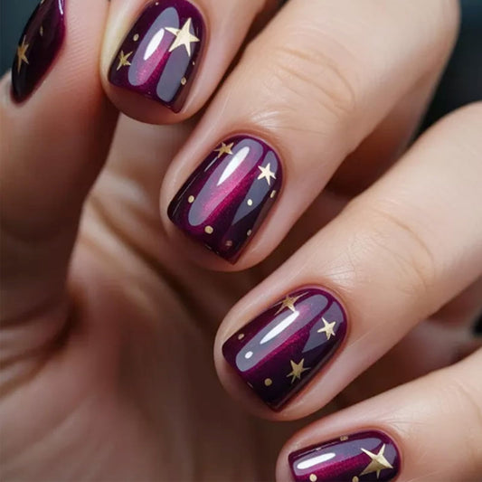 HZJXRT Press on Nails 24 Pcs Starry Sky Gel Glue on Nail Glossy Purple Glitter Stick on Fingernail Gold Stars Acrylic Fake Nail Polka Dots Short Square False Nails for Coquette Women Gift