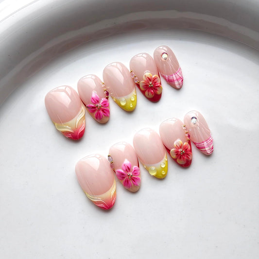 French Tip Press on Nails Handmade Short Almond 3D Thick Acrylic Nails False Nails with Gold Ball Flower Gradient Designs Nude Pink Glossy Fake Nail Sturdy Art Press on Nail 10Pcs(S)