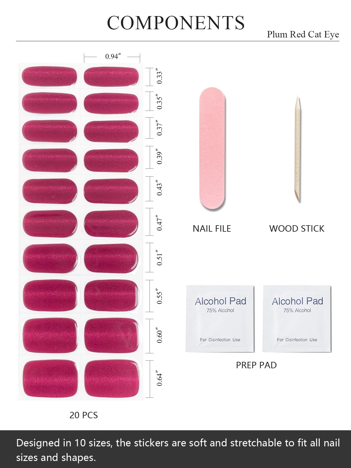 AutyaMee Semi Cured Gel Nail Strips (Plum Red Cat Eye), Purple, 20 Pcs Gel Nail Wraps, Stickers, UV Light Required, Salon Quality, Long Lasting