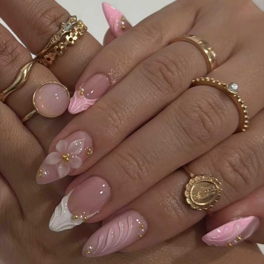 Almond Press on Nails Medium Nail Press on with 5D Pink Flower Charm Design Glossy White French Tips Acrylic Nails Rhinestones Pearl Fake Nails Spring Summer Glue on Nail for Women Manicure 24Pcs