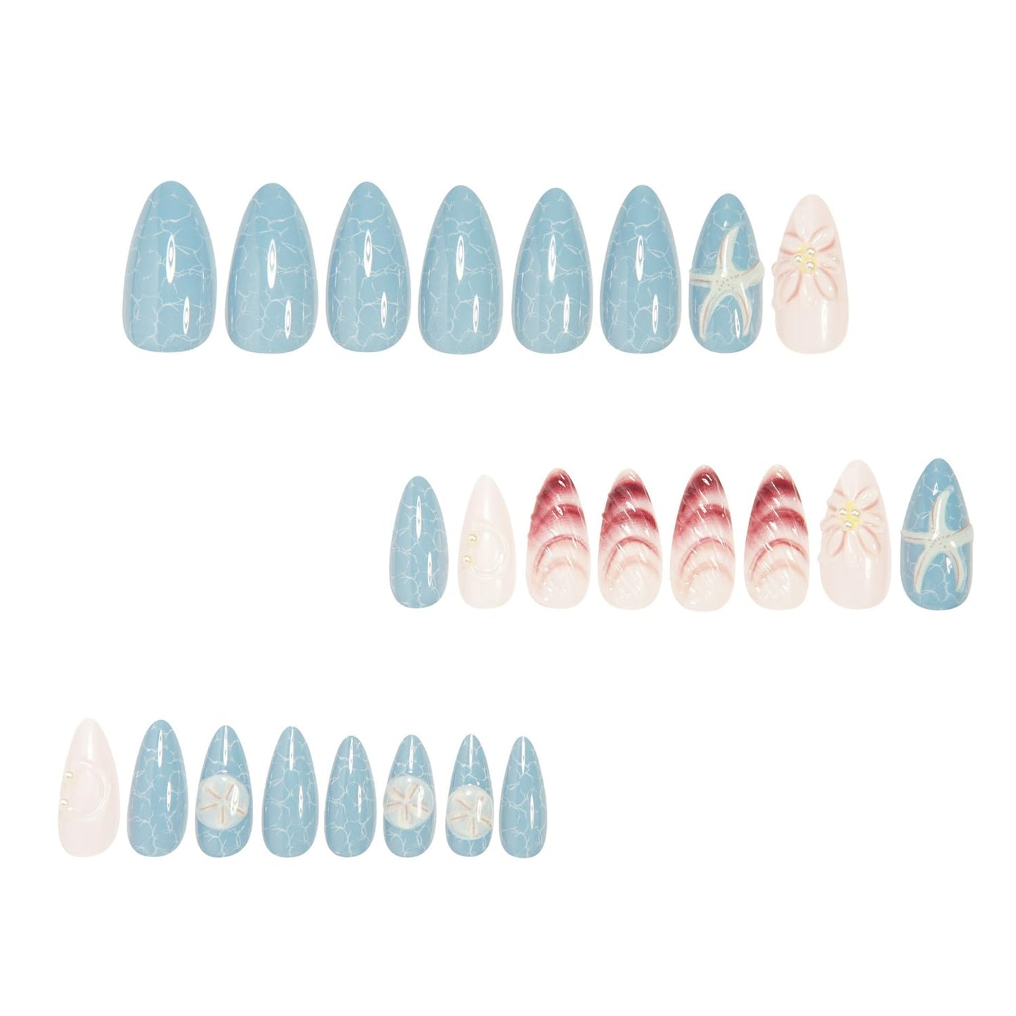 Blue Ocean Press on Nails Medium Almond Fake Nails with 3D Starfish Design Summer Shell False Nails Acrylic Nails Glossy Full Cover Artificial Nails Stick on Nails Nails Pearls for Women Decor 24pcs