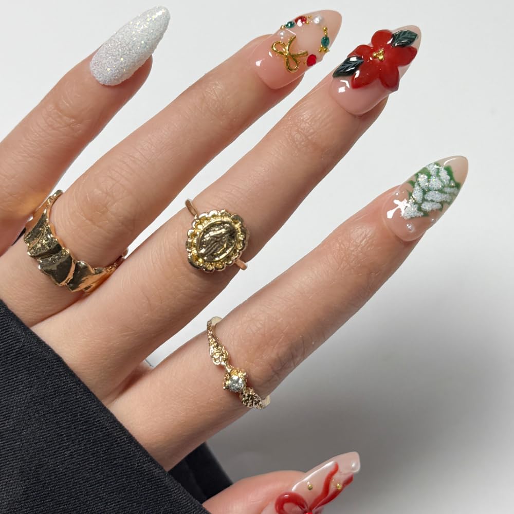 Christmas Press On Nails - MAGLFELL Handmade Almond Fake Nails, 3D Painting Floral and Trees, Bow and Gemstone Design, Reusable Artificial False Nails for Women 15 Sizes - 30Pcs Stick On Nails Kit