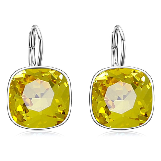 AOBOCO Sterling Silver Leverback Earrings Embellished with Crystals from Austria, Hypoallergenic Cushion Cut Square Crystal Earrings, Fine Anniversary Birthday Jewelry Gifts for Women (Yellow)