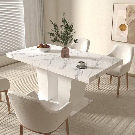 KEIKI Extendable Dining Room Table for 6-10 Person, Modern Large Rectangular Kitchen Tables w/Dual Column Pedestal Base for Kitchen Living Room, White Marble