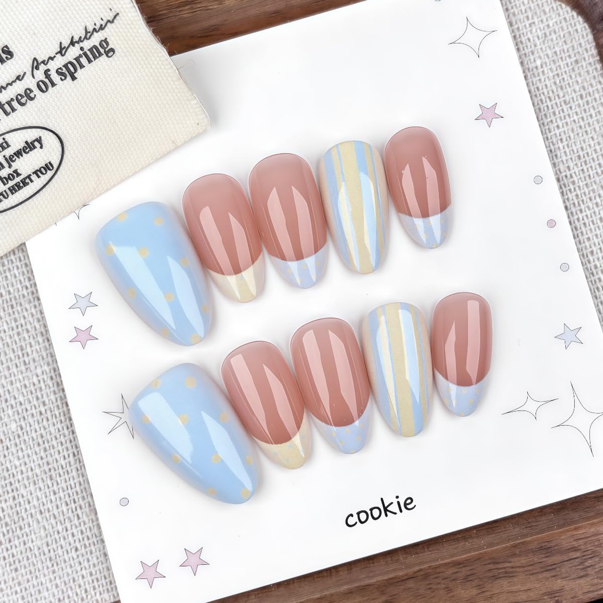 Short Almond Press On Nails - French Tip with Polka Dot & Striped Design, Light Blue Yellow Shades, 30Pcs - Cute, Reusable