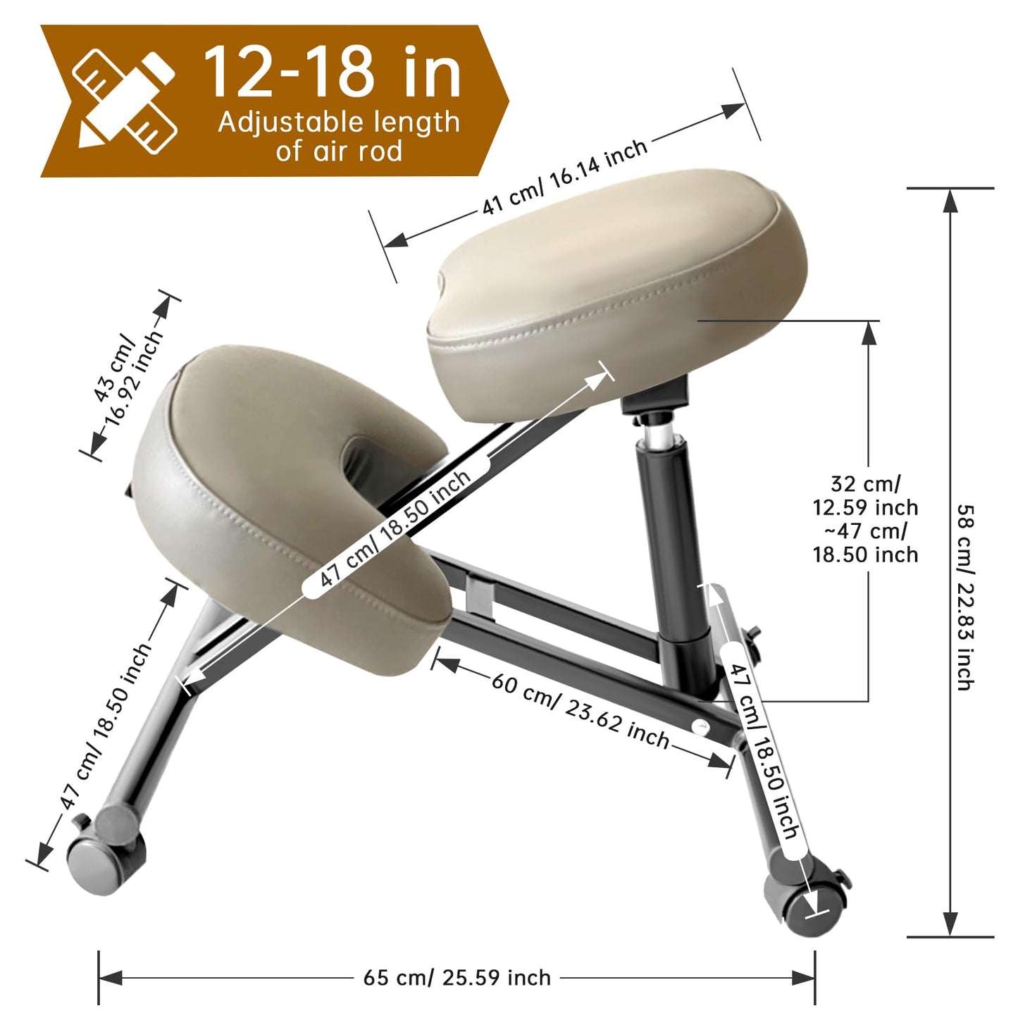PU Leather Ergonomic Kneeling Chair, Adjustable Home and Office Stool with Thick Pads and Flexible Lockable Brake Wheels for Back Pain Relief（Dark Brown）
