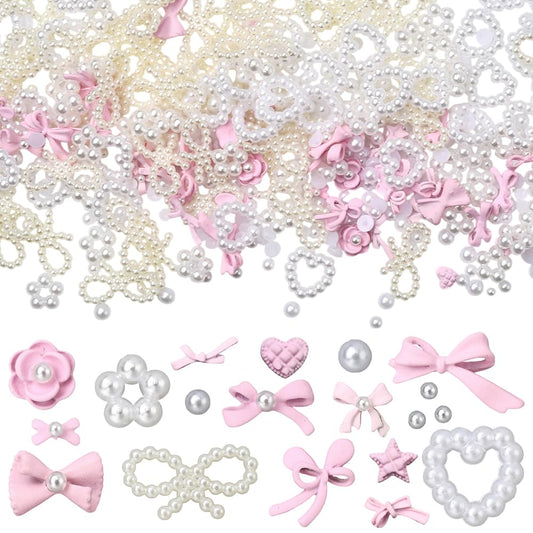SOFPLATE 1 Box 644Pcs Bow Nail Charms 3D Nail Art Charms Coquette Aesthetic Colorful Flatback Plastic Pearl Alloy Acrylic Bowknot Flower Heart Cabochon Accessories for Manicure Art Hair Clip DIY Decor