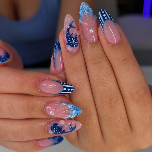 DANMANR Short Press on Nails Almond Fake Nails Full Cover French Whale Acrylic 3D Pearl Shell False Nails for Women and Girls 24PCS