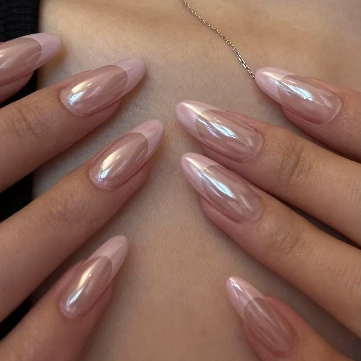 Handmade Pink French tip Press on Nails long style Almond Fake Nails with Glue Full Cover Glossy False Nails Stick on Nails for Women Manicure Aurora Powder Decoration 10PCS (MT-133-M)