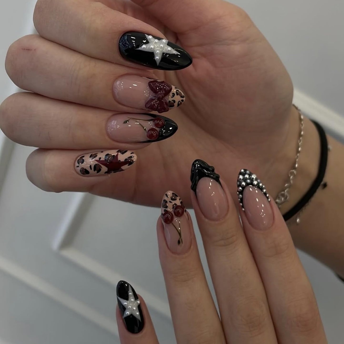 Medium Almond Press on Nails for Women Cherry & Star Fake Nails Artificial Stick on Nail