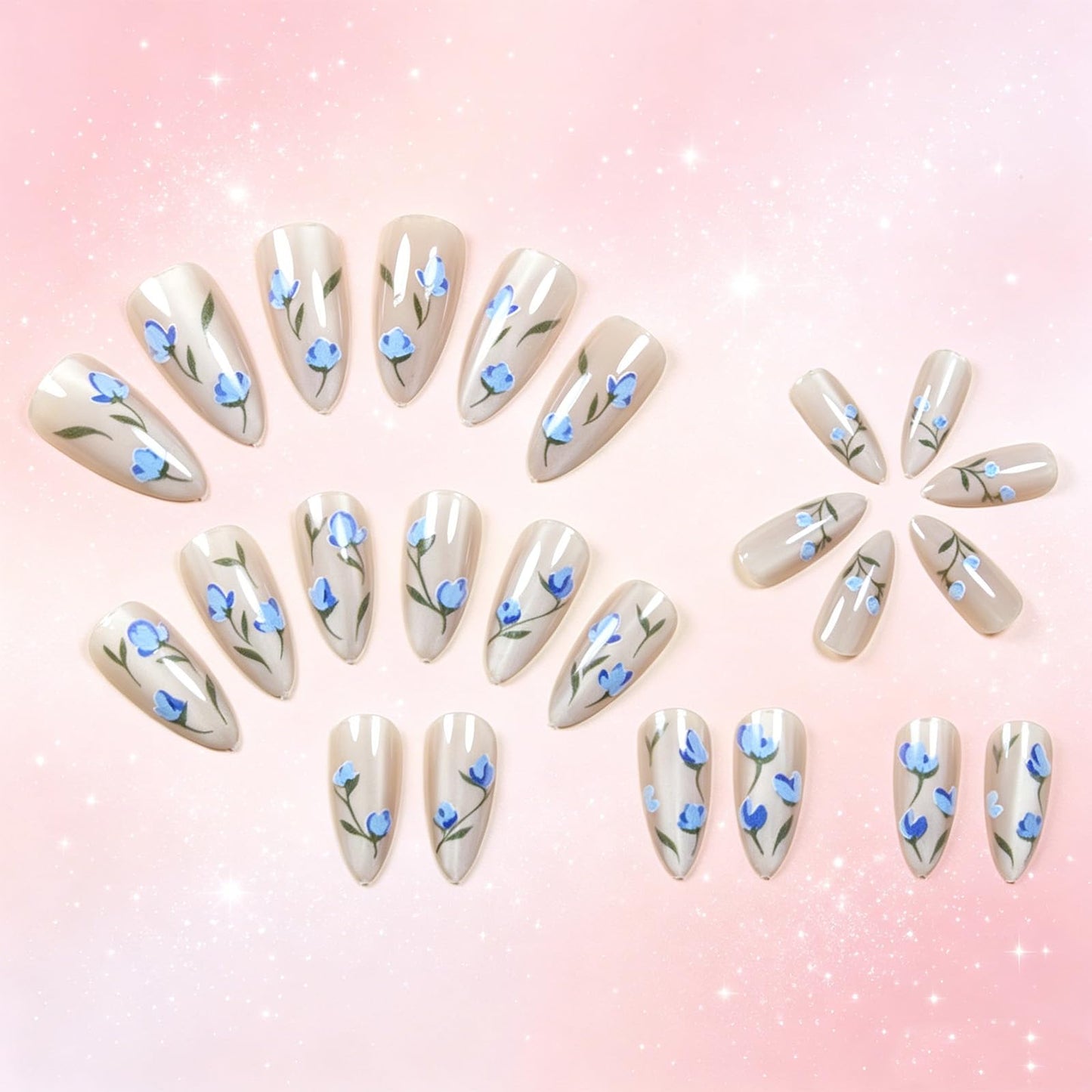 Press on Nails with Flower Design Floral Medium Almond False Nails Leaf Fake Nail Glossy Blue Glitter Glue on Nail Sparkly Stick on Fingernails for Women Sweet Daily Wear
