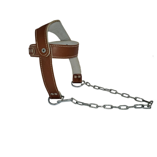 Force of Habit Head Harness Leather with 24 Inch Steel Chain, Brown, Padded, Adjustable Roller Buckle, Neck Strength Training Equipment (Brown)
