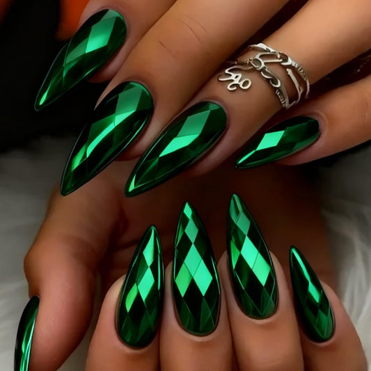 Green Press on Nails Medium Length Artificial Acrylic 3D Gradient Rainbow Diamond-Shaped Electroplating Fake Nails Almond Chrome Full Cover Glossy Press Ons Artificial Fingernails for Women Manicure