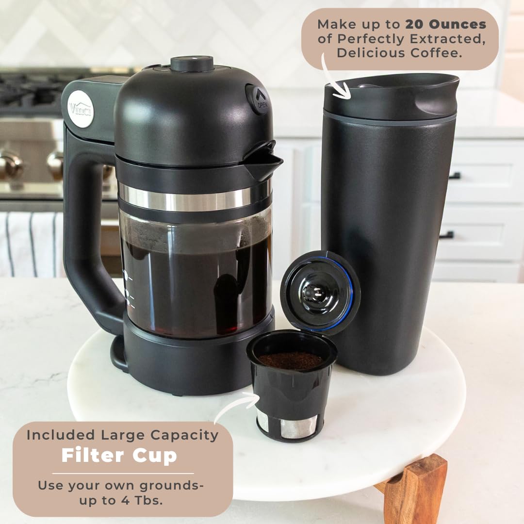 Vinci Breakfast Beverage Bundle: Hands-Free Electric Citrus Juicer & Micro Cafe K-Cup Brewer – Automatic Orange Squeezer Machine Plus Compact Single Serve Coffee Maker perfect for Coffee & Juice