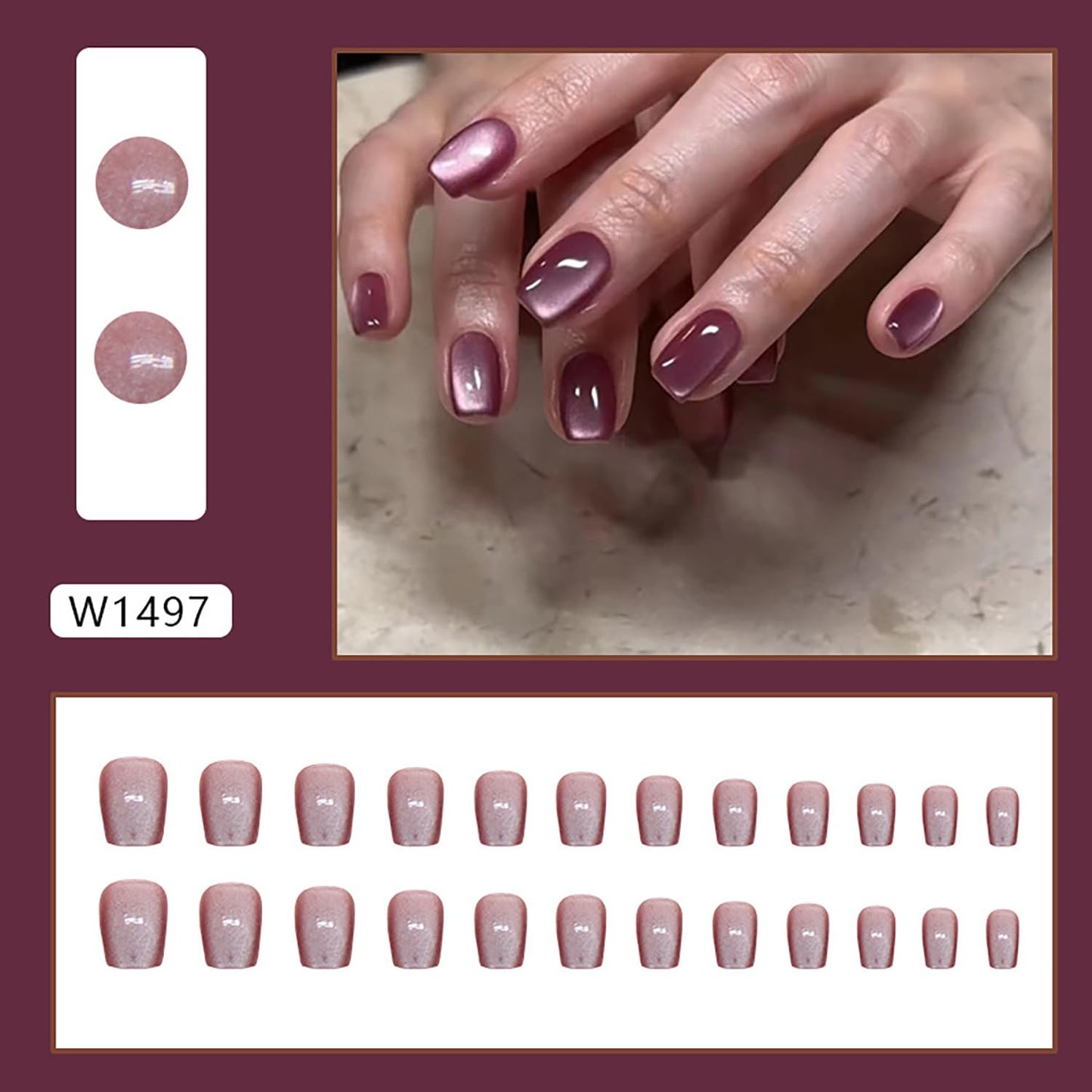 Vezocim Press on Nails Short Square-24Pcs Glossy Full Cover Acrylic Purple False Nails with Cat Eyes Designs Artificial Extra Short Square Fake Nails with Glue Stick on Fingernails for Women Girls