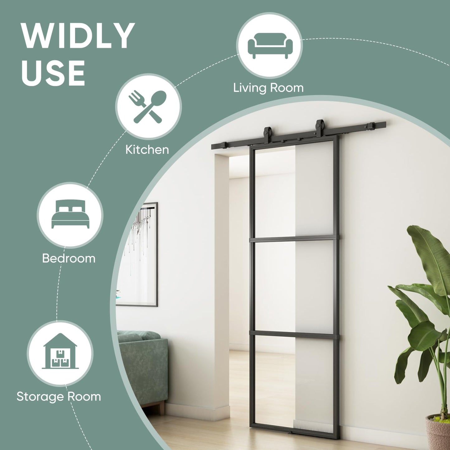 JUBEST 42in x 96in Glass Barn Door, Clear Tempered Glass Carbon Steel Pre Drilled Frame Sliding Barn Door Panel with 7FT Hardware Kit and Soft Close, Easy to Install