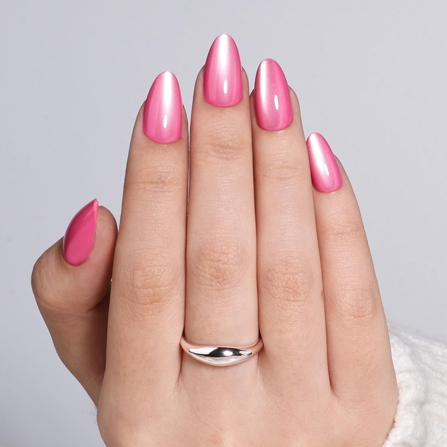 Cat Eye Pink Press On Nails - Fairy Short Almond Fake Nails, CatEye Press On Nails Reusable Stick On Nails in 16 Sizes, 32pcs False Nail Kit for Women & Girls (Starlit Pink)