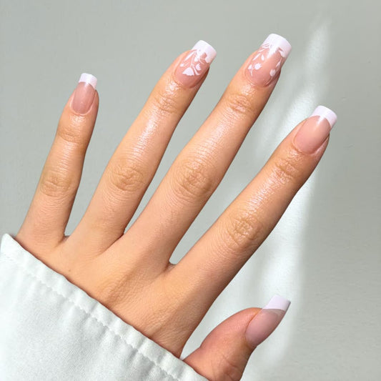 PerfectLook Press On Nails - Floral French | No Glue One-Day Medium Square Nails, Nude Glossy Nails with Flower Tips - 24 Pcs Nail Kit with Adhesive Tabs