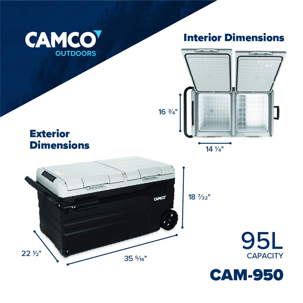Camco 51522 CAM-950 Portable Refrigerator, AC 110V/DC 12V Compact Fridge/Freezer with Dual Zone Cooling, 95-Liter - Keeps Food and Drinks Cold While On-the-Go - Ideal for Road Trips, RVing, Camping