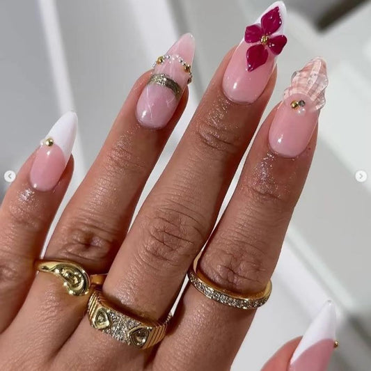 Medium Press on Nails Almond, French Tip Fake Nails with 3D Flower & Ocean Shell Design, Summer Vacation Beach False Nails Press ons, Full Cover Acrylic Glue on Nails for Women Manicure Kit 24Pcs