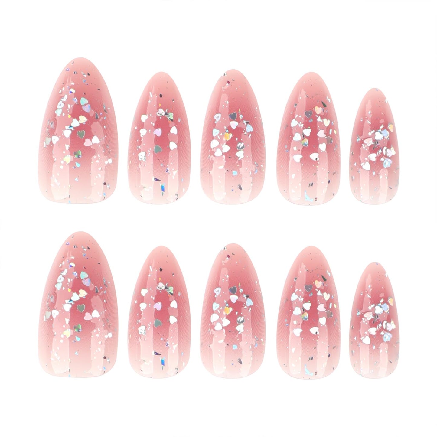 Cute Pink Glitter Press On Nails Almond Shape – Medium Length Nude Gradient Acrylic Fake Nails with Iridescent Hearts & Confetti, 24Pcs Glossy Stick On Nails Kit with Glue for Girls & Women Party
