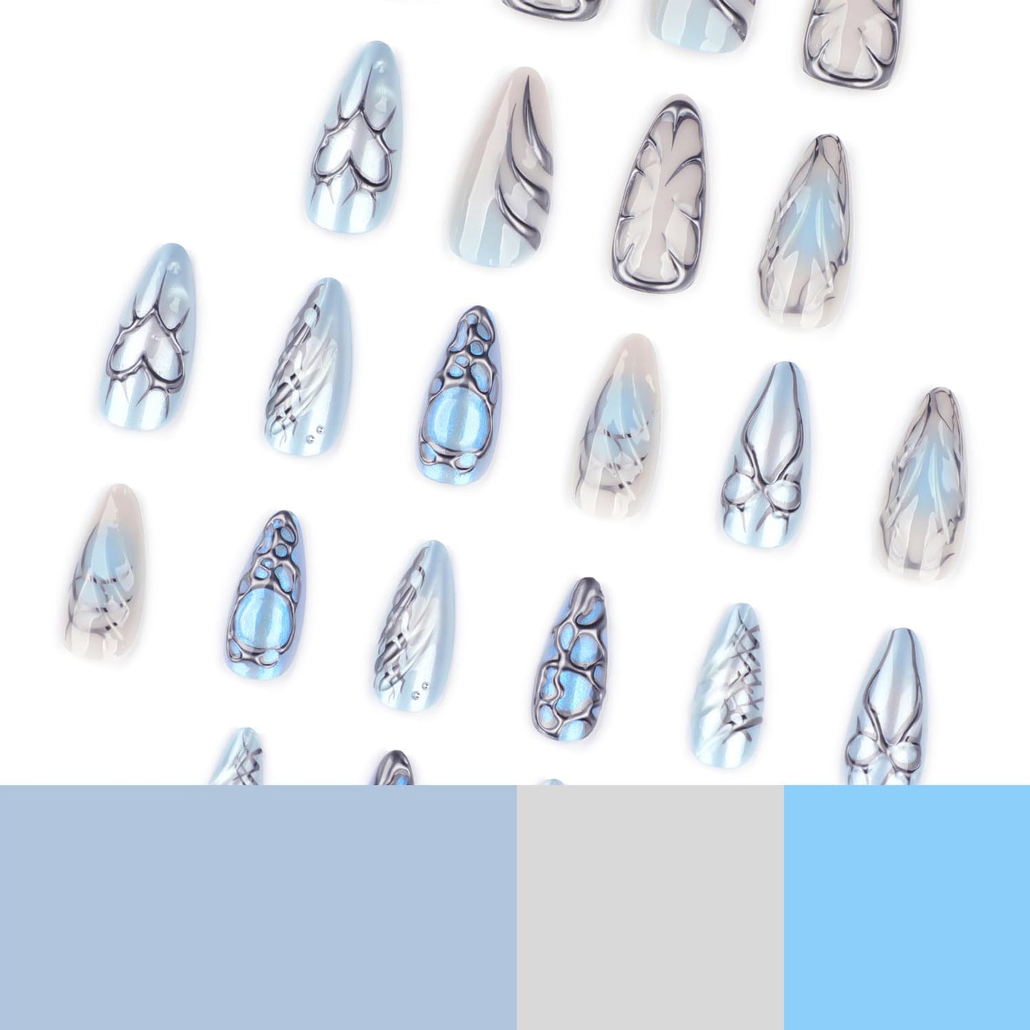 24Pcs Chrome Silver Press on Nails Short Almond Fake Nails Y2K Heart Bow Design False Nails Irregular Silver Line Acrylic Nail Blue Smudge Glossy Full Cover Metallic Artificial Stick on Nail for Women