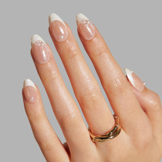 LAMIMOSA 32Pcs French Tip Press on Nails Short Almond - Soft Gel Fake Nails in 16 Sizes with 3D Pearl Accents, Reusable Semi-Transparent Glue on Nails kit in Glazed Finish, PEARLY WISH