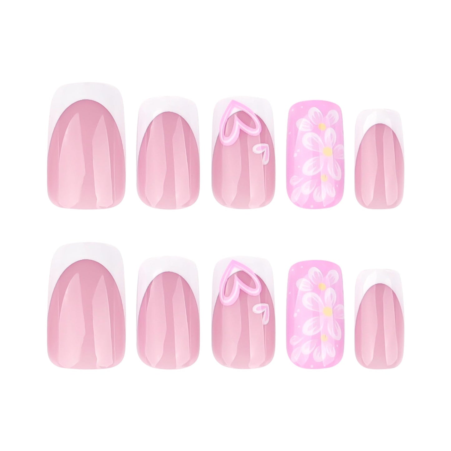 White French Tip Press on Nails Medium Square Fake Nails Stars False Nails with Flower Design Glue on Nail Pink Acrylic Nails Full Cover Stick on Nail for Women 24Pcs