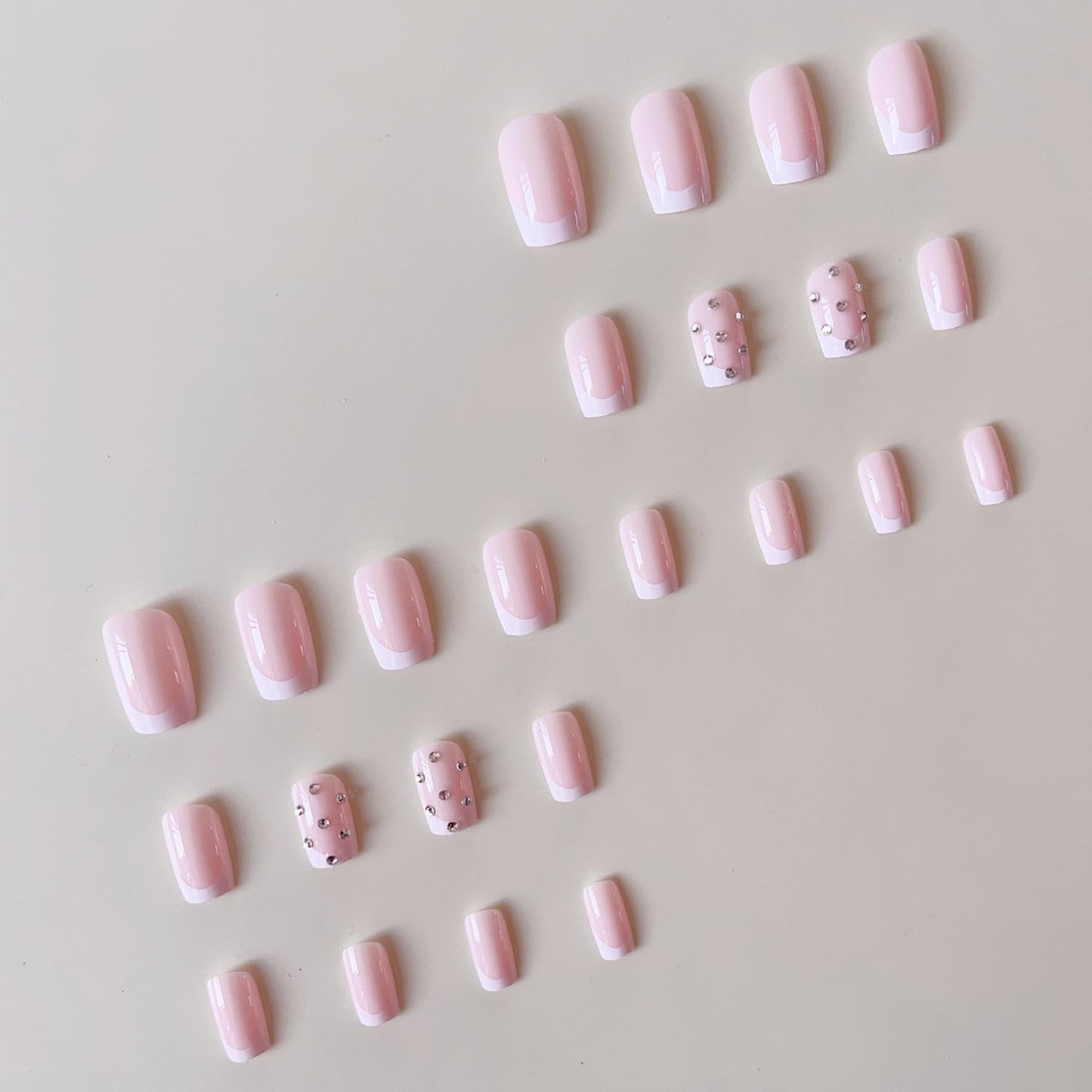 24pcs Press on Nails Short Square Glossy Pink French False Nails with Rhinestone Design Full Cover Fake Nails Stick on Nails White French Nail Tips False Nails Gel Glue on Nail for Women Girls