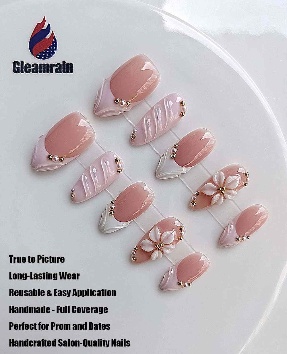 Gleamrain Almond Medium Handmade Press on Nails for Women, Handcrafted Floral Design Reusable Full Cover Fake Nail for Daily Wear Party Birthday D311