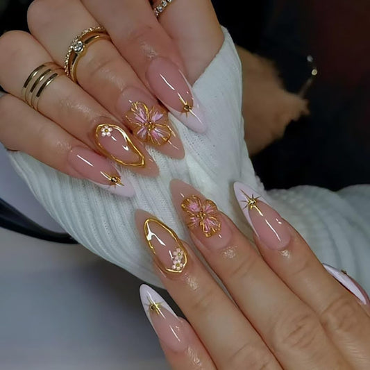 Medium Press on Nails Almond - White French Tip Fake Nails with Flower Design - Gold Stripes Stick on False Nails for Women 24 Pcs