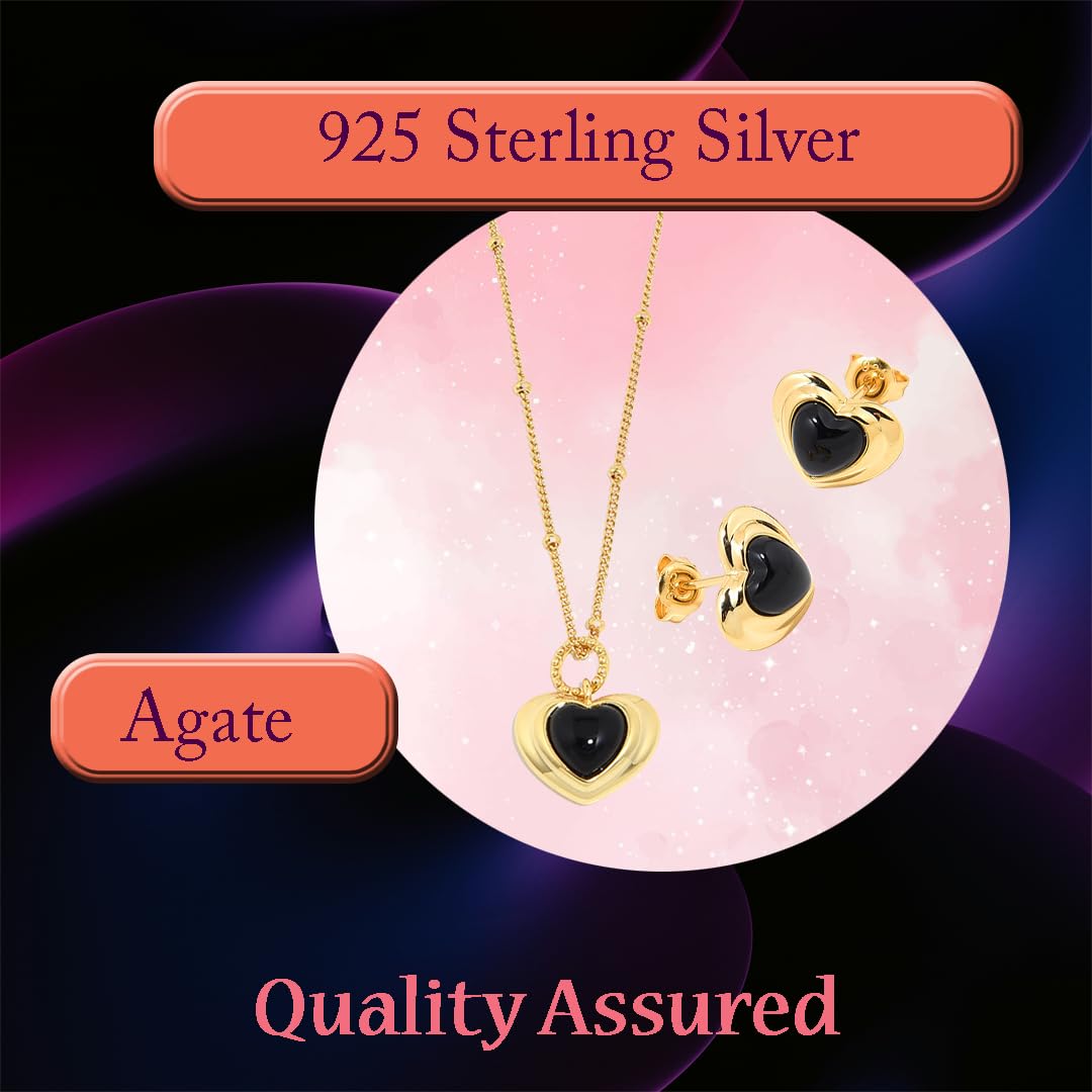 Exquisite Agate Gemstone & Gold-Plated 925 Sterling Silver Vintage Love Heart Jewelry Set Trendy Classic European Design with Pendant and Earrings – Elegant Gift Box Included