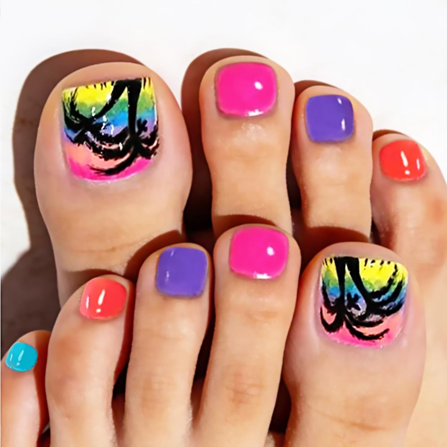 24Pcs Summer Beach Press on Toenails,Short Square Fake Toenails Colorful Acrylic Toenails with Coconut Trees Designs Full Cover Reusable Glossy Stick on Toes Nails for Women Girls